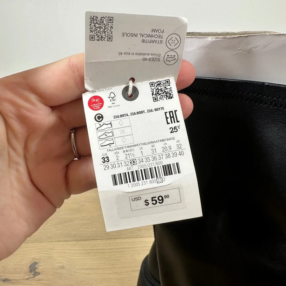 NWT Zara Boots Kids 2 Black Mid Calf Chunky Platform Lug Sole Moto Combat